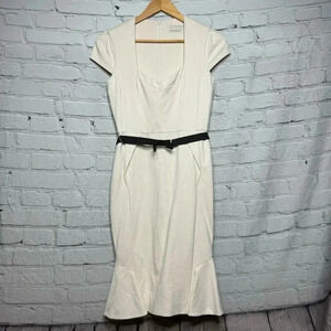 Karen Millen Cream Colored Cap Sleeve Belted Stretch Midi Dress Women’s size 4